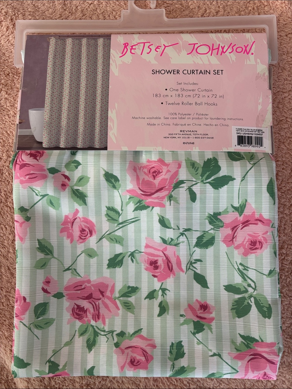 Betsey Johnson Pink and Green Shower Curtain Set